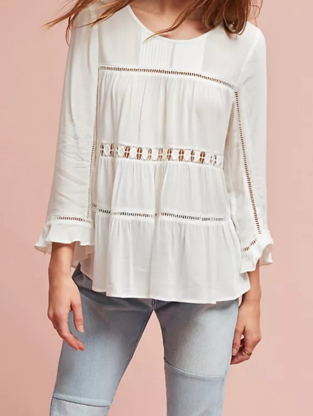 Maeve White Lace-Panel Tiered Peasant Blouse Size S